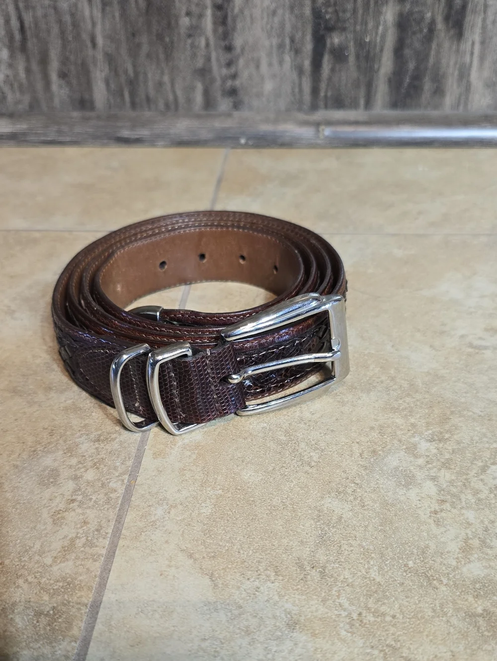Jos. A. Bank Brown Ringmark Lizard Belt with Silver Buckle 48